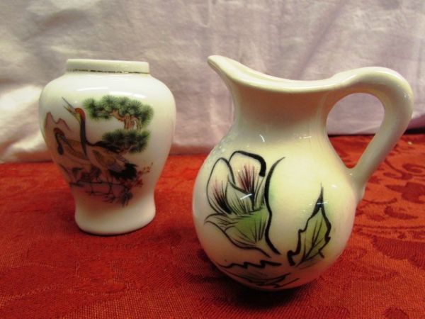 COLLECTION OF  NICE VINTAGE ITEMS INCLUDES DERPESSION GLASS  HAND PAINTED NIPPON VASE, MILK SLAG GLASS, MARBLE & MORE