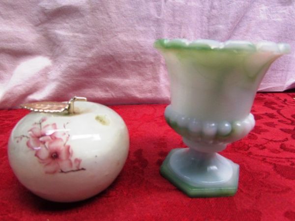 COLLECTION OF  NICE VINTAGE ITEMS INCLUDES DERPESSION GLASS  HAND PAINTED NIPPON VASE, MILK SLAG GLASS, MARBLE & MORE