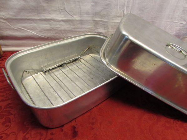 LARGE  COVERED ROASTING PAN, BROILER PAN, CUTTING BOARDS, RACKS & MORE