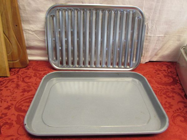 LARGE  COVERED ROASTING PAN, BROILER PAN, CUTTING BOARDS, RACKS & MORE