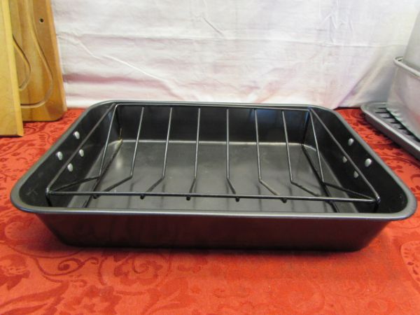 LARGE  COVERED ROASTING PAN, BROILER PAN, CUTTING BOARDS, RACKS & MORE