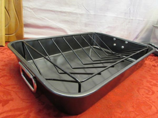 LARGE  COVERED ROASTING PAN, BROILER PAN, CUTTING BOARDS, RACKS & MORE