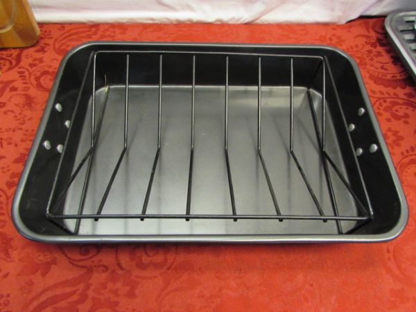 LARGE  COVERED ROASTING PAN, BROILER PAN, CUTTING BOARDS, RACKS & MORE