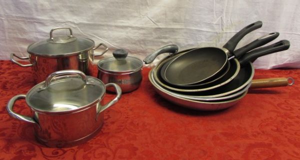 POTS 'N PANS - 18/10 STAINLESS STEEL, CUISINART, WEAR EVER FRY PANS & MORE