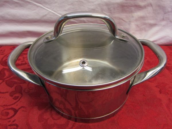 POTS 'N PANS - 18/10 STAINLESS STEEL, CUISINART, WEAR EVER FRY PANS & MORE