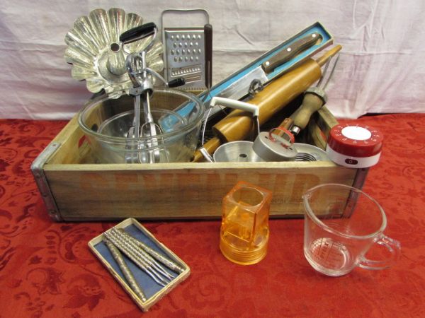 WOODEN 7 UP CRATE WITH VINTAGE UTENSILS - EKCO MIXER, ALUMINUM DONUT COOKING MOLDS & . . . . 