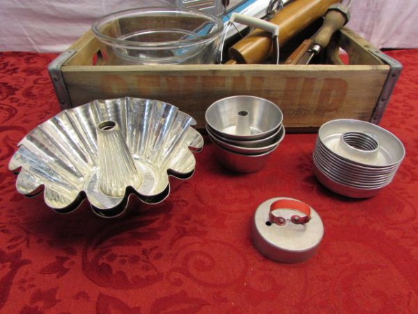 WOODEN 7 UP CRATE WITH VINTAGE UTENSILS - EKCO MIXER, ALUMINUM DONUT COOKING MOLDS & . . . . 