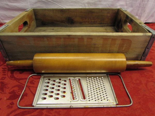 WOODEN 7 UP CRATE WITH VINTAGE UTENSILS - EKCO MIXER, ALUMINUM DONUT COOKING MOLDS & . . . . 