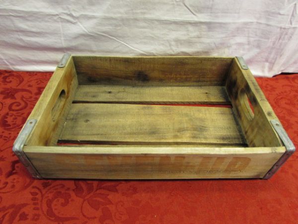 WOODEN 7 UP CRATE WITH VINTAGE UTENSILS - EKCO MIXER, ALUMINUM DONUT COOKING MOLDS & . . . . 