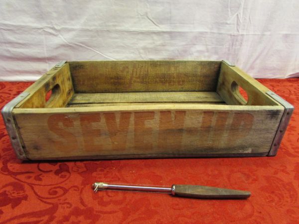 WOODEN 7 UP CRATE WITH VINTAGE UTENSILS - EKCO MIXER, ALUMINUM DONUT COOKING MOLDS & . . . . 