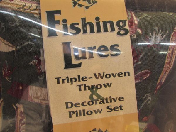 FABULOUS FISHING RETREAT DÉCOR - NIB THROW BLANKET & PILLOW, S&P SHAKERS & FRAME