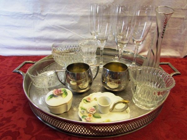 SILVER PLATE SERVING TRAY, CREAMER & SUGAR BOWL, CRYSTAL, CUT GLASS & MORE