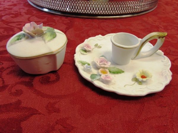 SILVER PLATE SERVING TRAY, CREAMER & SUGAR BOWL, CRYSTAL, CUT GLASS & MORE