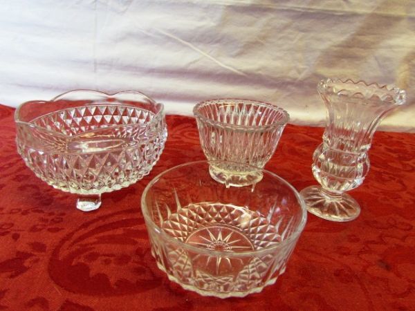 SILVER PLATE SERVING TRAY, CREAMER & SUGAR BOWL, CRYSTAL, CUT GLASS & MORE