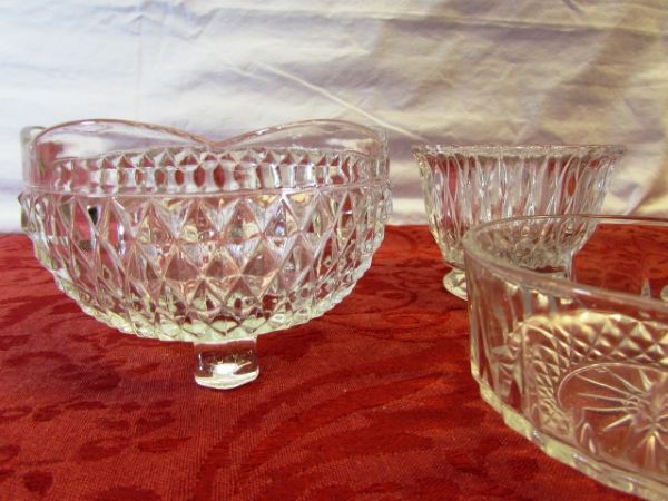 SILVER PLATE SERVING TRAY, CREAMER & SUGAR BOWL, CRYSTAL, CUT GLASS & MORE