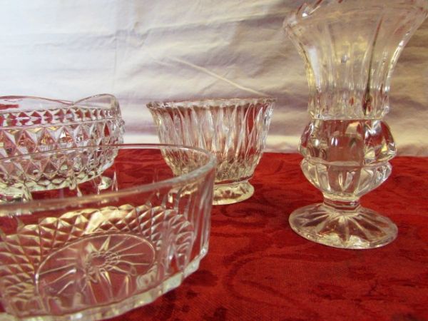 SILVER PLATE SERVING TRAY, CREAMER & SUGAR BOWL, CRYSTAL, CUT GLASS & MORE