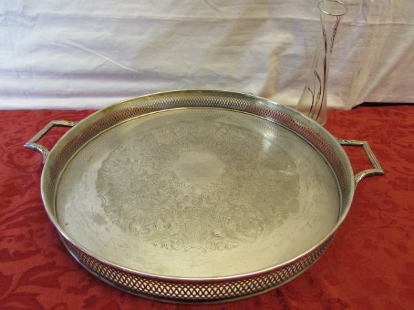 SILVER PLATE SERVING TRAY, CREAMER & SUGAR BOWL, CRYSTAL, CUT GLASS & MORE