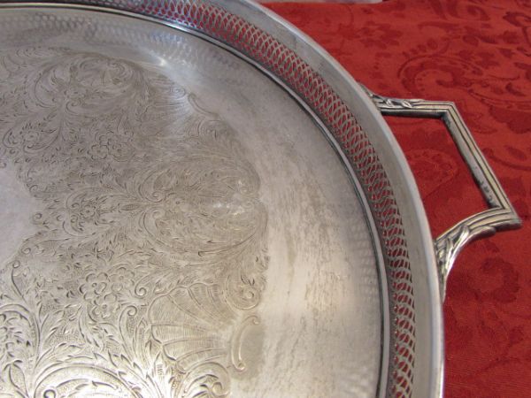 SILVER PLATE SERVING TRAY, CREAMER & SUGAR BOWL, CRYSTAL, CUT GLASS & MORE