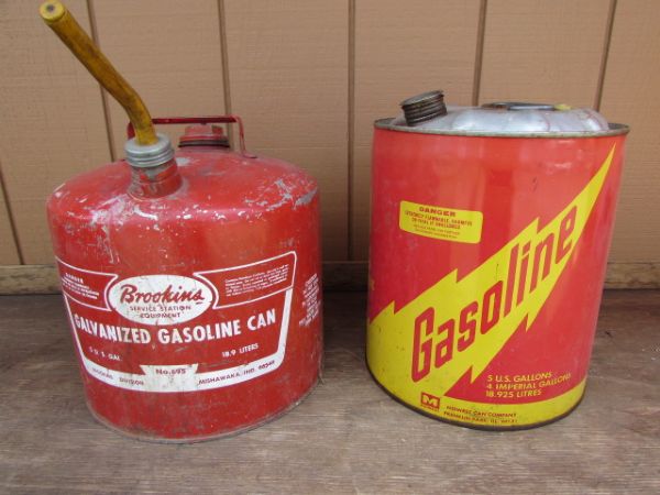 TWO VINTAGE METAL 5 GALLON GAS CANS