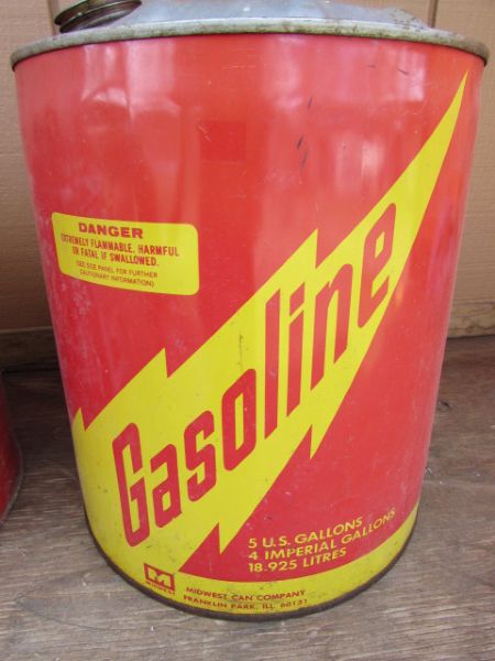 TWO VINTAGE METAL 5 GALLON GAS CANS