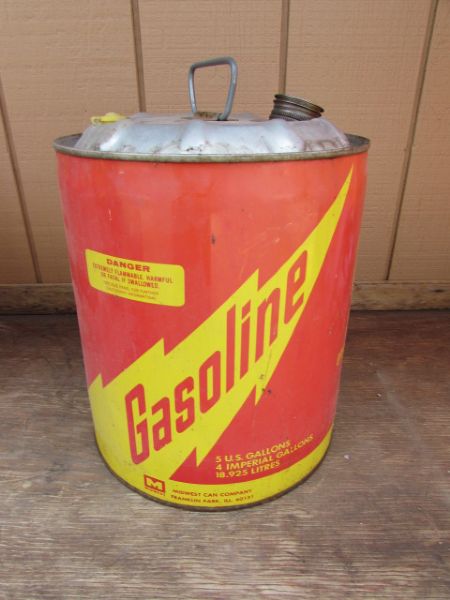 TWO VINTAGE METAL 5 GALLON GAS CANS