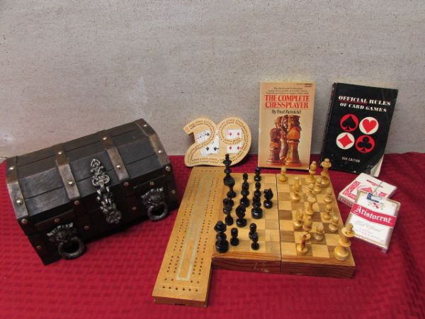 A TREASURE CHEST, CRIBBAGE GAMES, WOOD CHESS SET & MORE