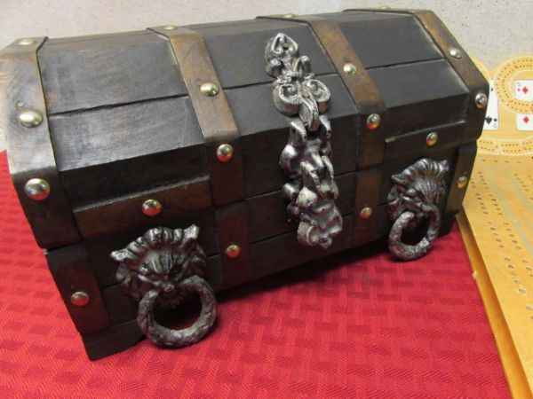 A TREASURE CHEST, CRIBBAGE GAMES, WOOD CHESS SET & MORE