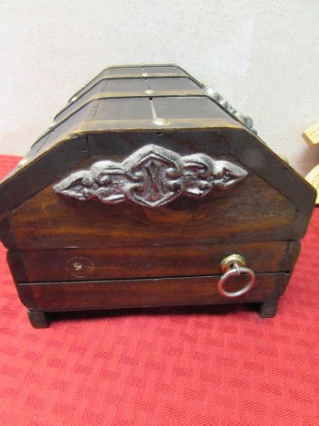 A TREASURE CHEST, CRIBBAGE GAMES, WOOD CHESS SET & MORE