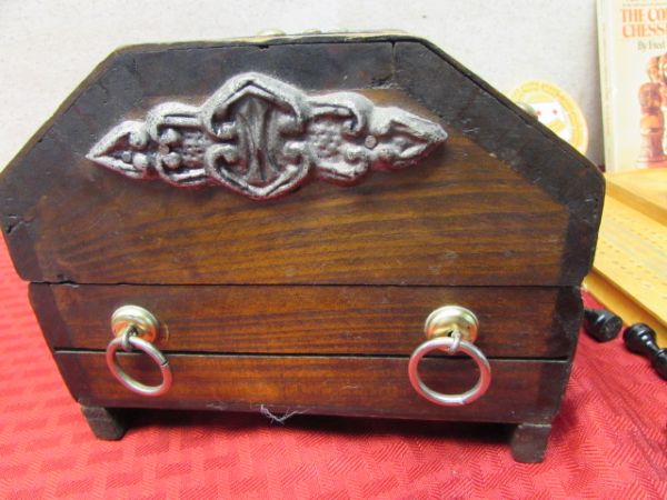 A TREASURE CHEST, CRIBBAGE GAMES, WOOD CHESS SET & MORE