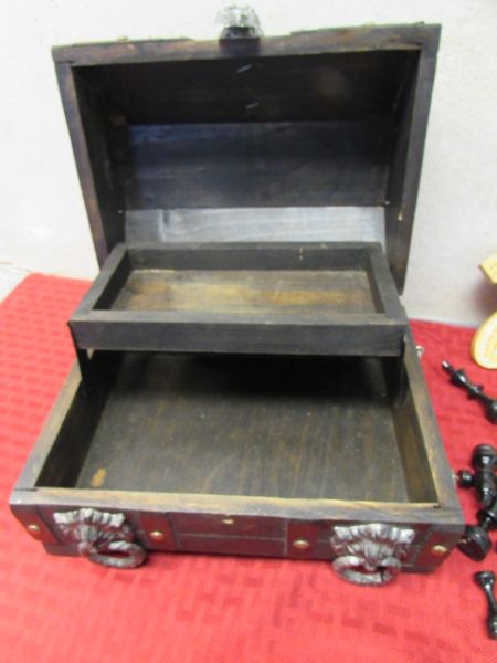 A TREASURE CHEST, CRIBBAGE GAMES, WOOD CHESS SET & MORE