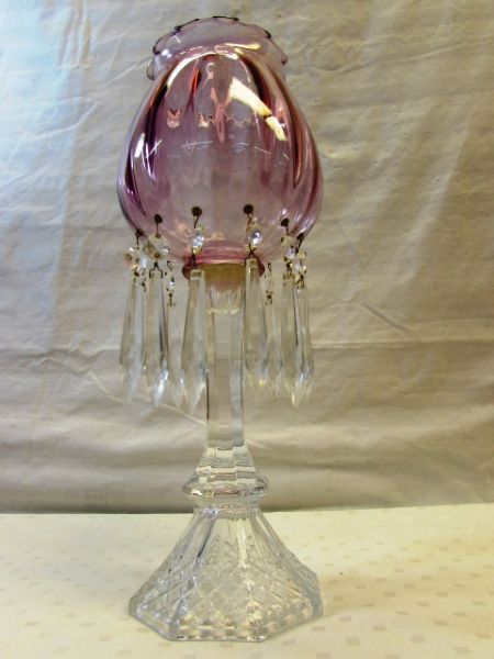 GORGEOUS ANTIQUE/VINTAGE MANTLE LUSTER WITH PINK GLASS SHADE & CRYSTAL PRISMS