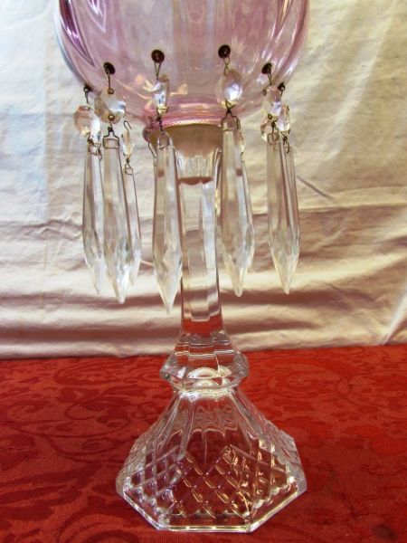 GORGEOUS ANTIQUE/VINTAGE MANTLE LUSTER WITH PINK GLASS SHADE & CRYSTAL PRISMS