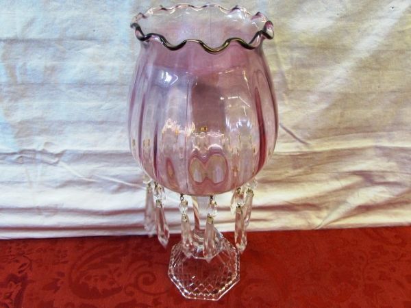 MATCHING ANTIQUE/VINTAGE MANTLE LUSTER WITH PINK GLASS GLOBE & CRYSTAL PRISMS