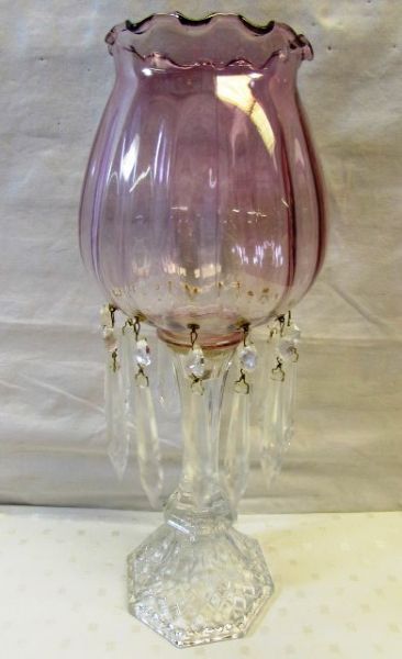 MATCHING ANTIQUE/VINTAGE MANTLE LUSTER WITH PINK GLASS GLOBE & CRYSTAL PRISMS