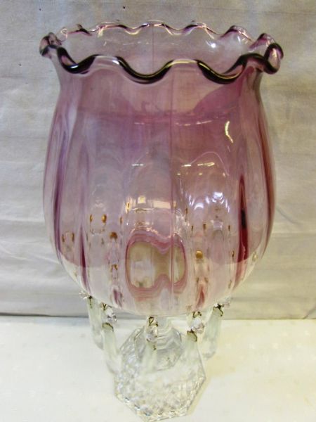 MATCHING ANTIQUE/VINTAGE MANTLE LUSTER WITH PINK GLASS GLOBE & CRYSTAL PRISMS