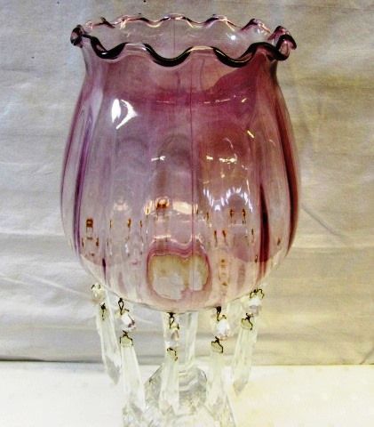 MATCHING ANTIQUE/VINTAGE MANTLE LUSTER WITH PINK GLASS GLOBE & CRYSTAL PRISMS