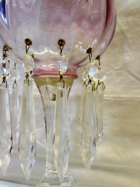 MATCHING ANTIQUE/VINTAGE MANTLE LUSTER WITH PINK GLASS GLOBE & CRYSTAL PRISMS