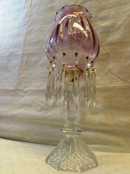 MATCHING ANTIQUE/VINTAGE MANTLE LUSTER WITH PINK GLASS GLOBE & CRYSTAL PRISMS