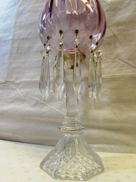 MATCHING ANTIQUE/VINTAGE MANTLE LUSTER WITH PINK GLASS GLOBE & CRYSTAL PRISMS