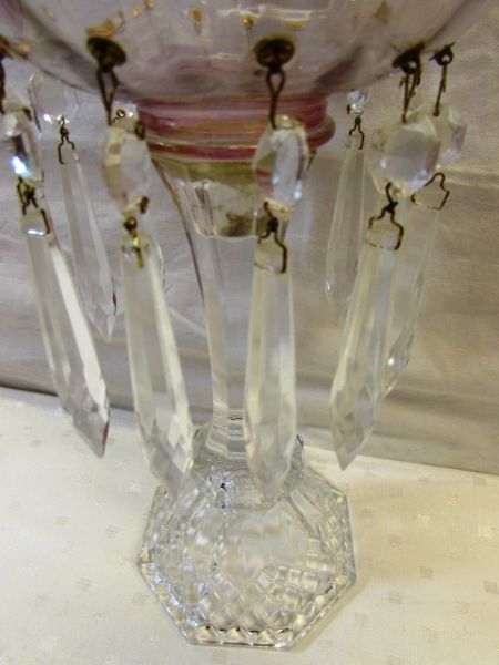 MATCHING ANTIQUE/VINTAGE MANTLE LUSTER WITH PINK GLASS GLOBE & CRYSTAL PRISMS