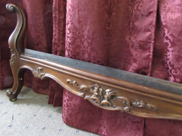 GORGEOUS ANTIQUE EUROPEAN CARVED WOOD UPHOLSTERED BED