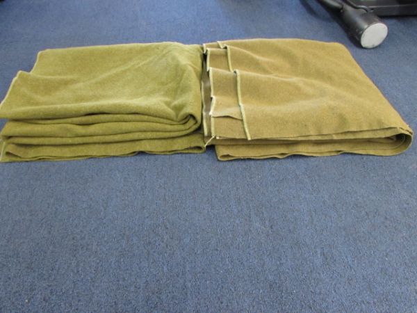 TWO GREEN WOOL ARMY BLANKETS