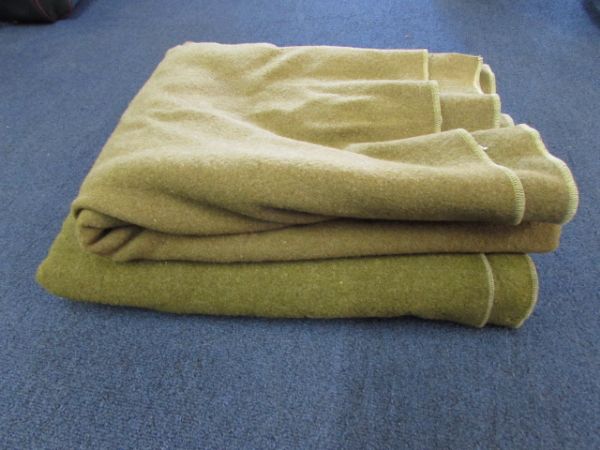 TWO GREEN WOOL ARMY BLANKETS