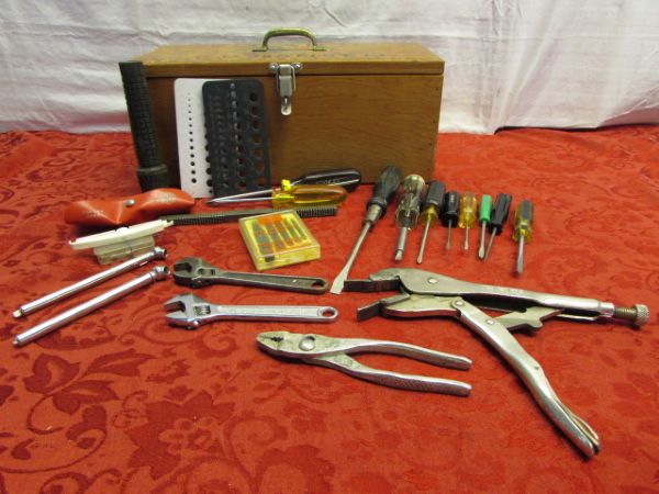 GREAT WOOD TOOL BOX & TOOLS - STANLEY, CRAFTSMAN, USA MADE, ALLAN WRENCH SET & MORE