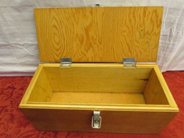 GREAT WOOD TOOL BOX & TOOLS - STANLEY, CRAFTSMAN, USA MADE, ALLAN WRENCH SET & MORE