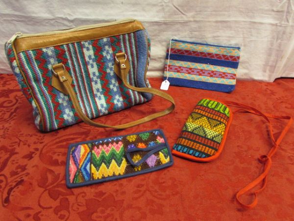 RETRO NATIVE AMERICAN JAQUARD WEAVE HAND BAG, POUCH, GLASSES CASE & WALLET