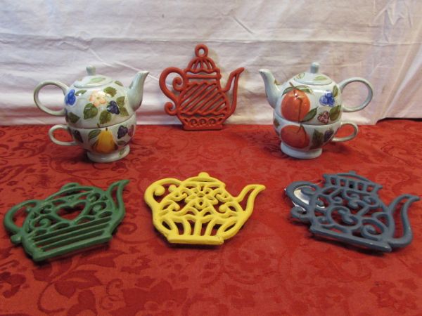 TEA FOR TWO - TWO PRETTY HAND PAINTED CERAMIC  TEA POT & CUP SETS &TEA POT TRIVETS - NEW! ! !