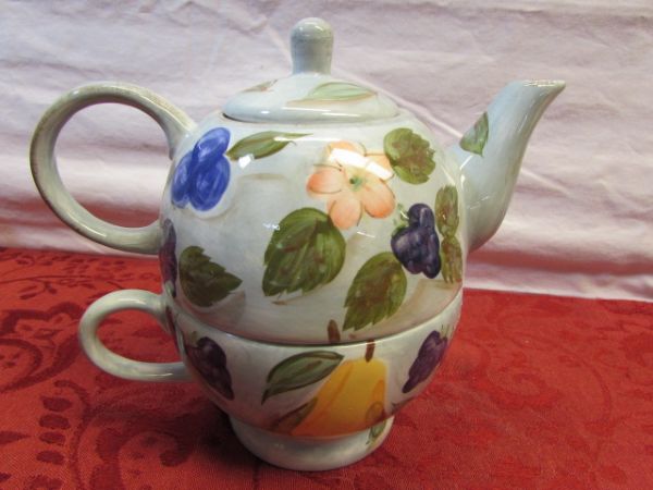 TEA FOR TWO - TWO PRETTY HAND PAINTED CERAMIC  TEA POT & CUP SETS &TEA POT TRIVETS - NEW! ! !