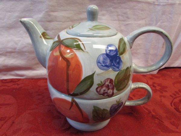 TEA FOR TWO - TWO PRETTY HAND PAINTED CERAMIC  TEA POT & CUP SETS &TEA POT TRIVETS - NEW! ! !