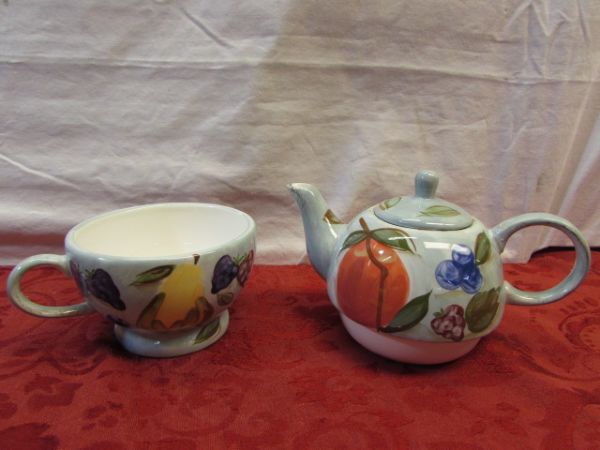 TEA FOR TWO - TWO PRETTY HAND PAINTED CERAMIC  TEA POT & CUP SETS &TEA POT TRIVETS - NEW! ! !